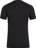 Zwart t-shirt met korte mouwen, ronde hals en mesh inzetstukken op de schouders.
