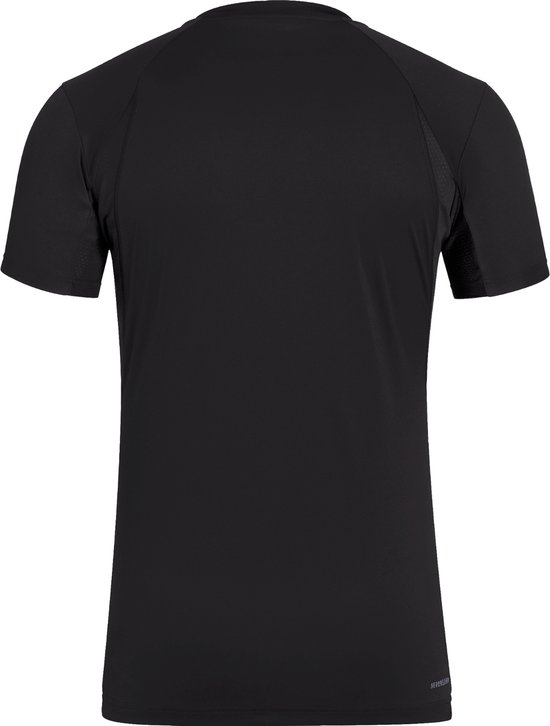 Zwart t-shirt met korte mouwen, ronde hals en mesh inzetstukken op de schouders.