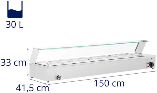 Bain Marie - 2,000 W - 5 GN 1/2 - Aftapkraan - Glasbeschermer - Royal Catering — afbeelding 3