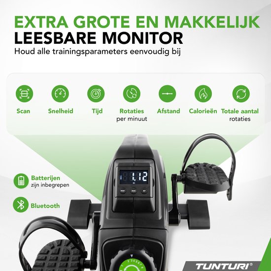 Compacte zwarte hometrainer met voetpedalen. Groot, makkelijk leesbaar display toont scan, tijd, snelheid, afstand, rotaties en calorieën. Inclusief batterijen en Bluetooth.