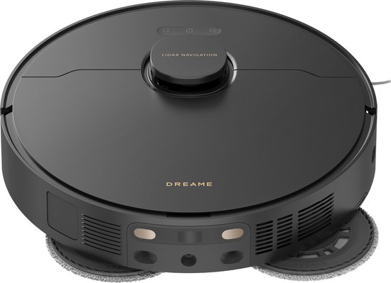Zwarte robotstofzuiger van bovenaf gezien, met dweilkoppen en merk Dreame.