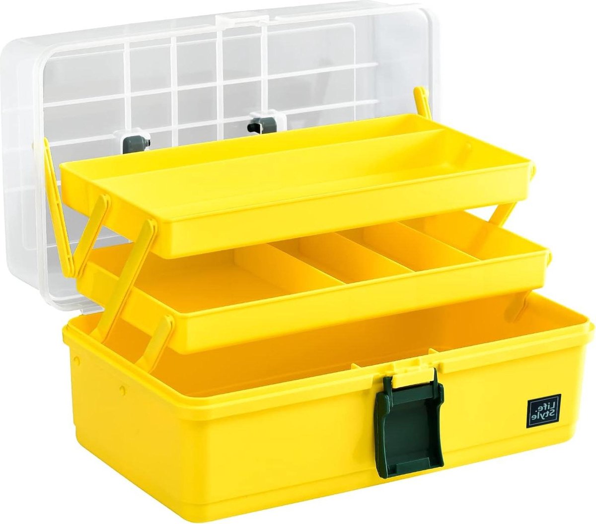 3-laags multifunctionele plastic opbergbakken met deksel - handvat - geel