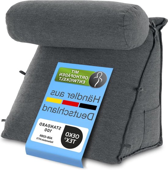 Afneembaar bolsterhoeskussen voor rug en nek - Leeskussen met zijvak en wasbare hoes, boekenkussen voor bed en sofa