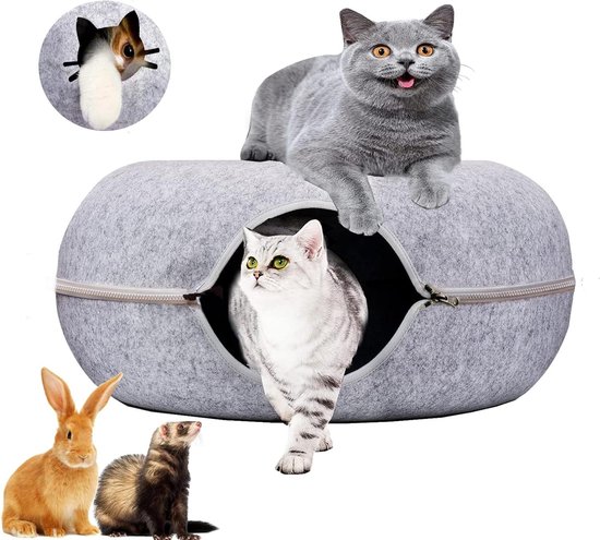 Ownpets Opvouwbare Kitty Tunnel, 3-weg kattenbuis 120 cm lang met pluche bal en veer speelgoed, grote kat speeltunnel voor indoor kitten, puppy, konijn