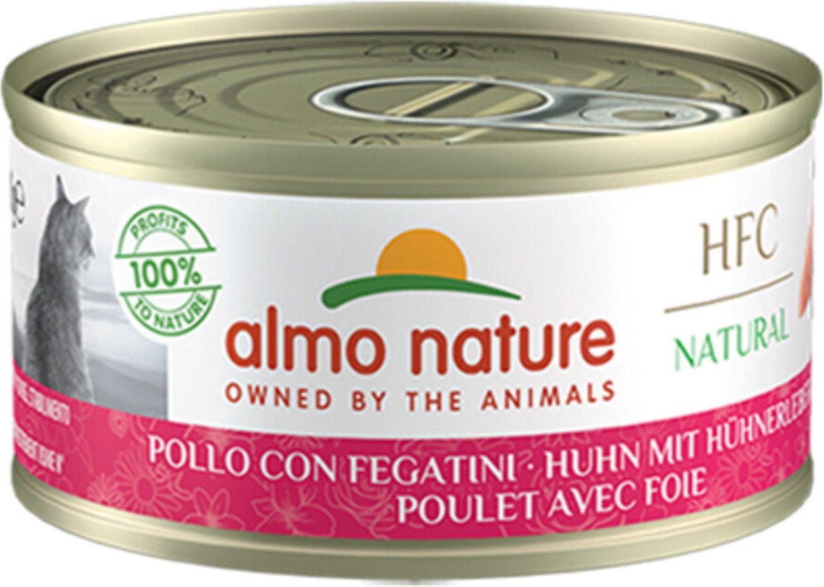 48x Almo Nature HFC Natural Kattenvoer Nat Blikje Kip en Lever 70 gr