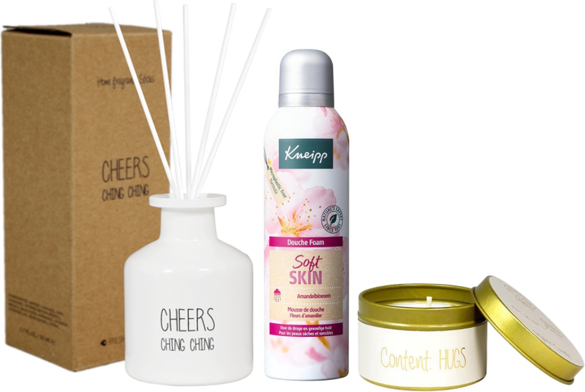 Goedkoopste My Flame Cadeauset Cheers Geurstokjes & Kneipp Soft Skin - MyFlame Geurstokjes Cheers - Kneipp Shower Foam Soft Skin - MyFlame Kaarsje Content Hugs