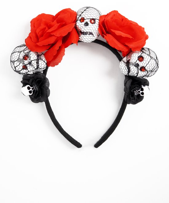 KIMU Haarband Skull Rode Rozen Gaas - Skelet Bloemen Diadeem Doodshoofd - Halloween Dia De Los Muertos Horror Doodskop Schedel Sinterklaas Kado
