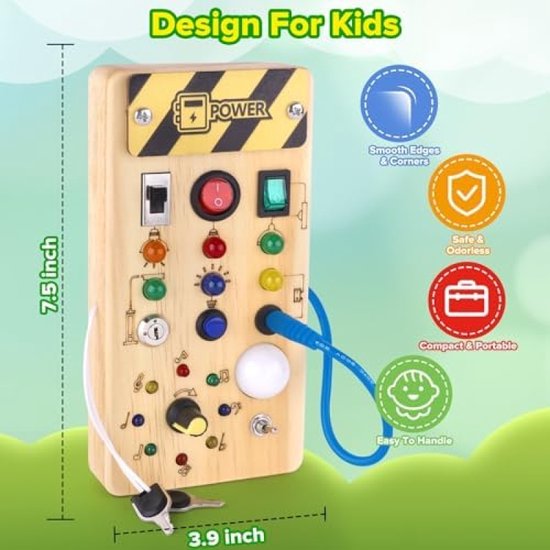 Montessori activiteitenbord met LED lichtschakelaar voor 1-4 jarigen van Tiny Adventures. — afbeelding 3