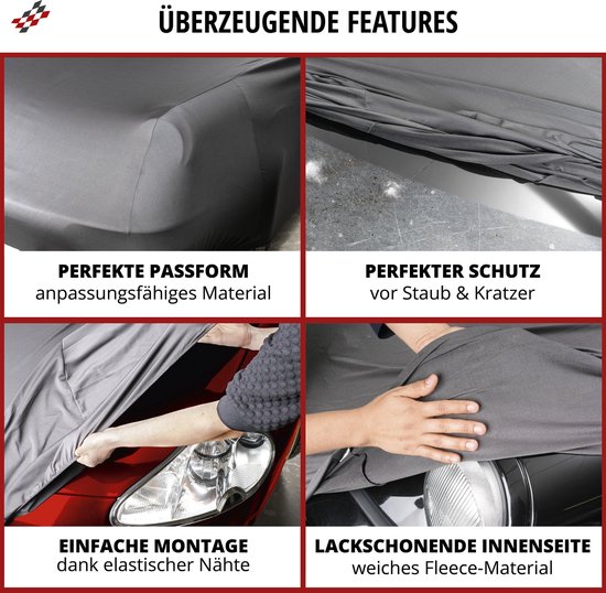 Vier panelen tonen de kenmerken van een autoverdek: pasvorm, bescherming, montage en binnenkant.