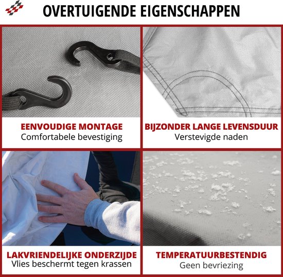 Vier close-up afbeeldingen van een Walser autohoes: bevestigingshaken, versterkte naden, zachte binnenkant en weerstand tegen rijp.
