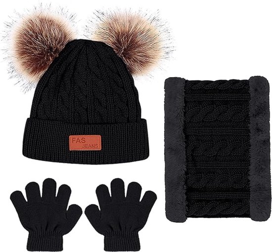 Winmany 3PCS Kinderen Winter Mutsen Handschoenen Sjaal Set Peuter Fleece Nek Warmer Muts met Pom Gebreide Wanten Set voor Meisje Jongen (Grijs