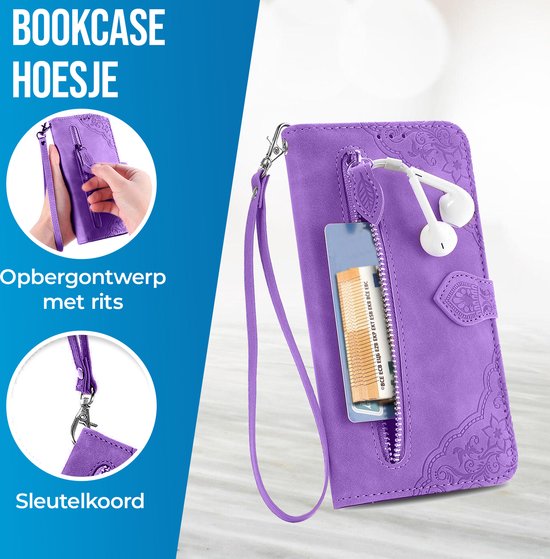 Étui portefeuille violet en similicuir avec poche zippée, dragonne et motif floral.