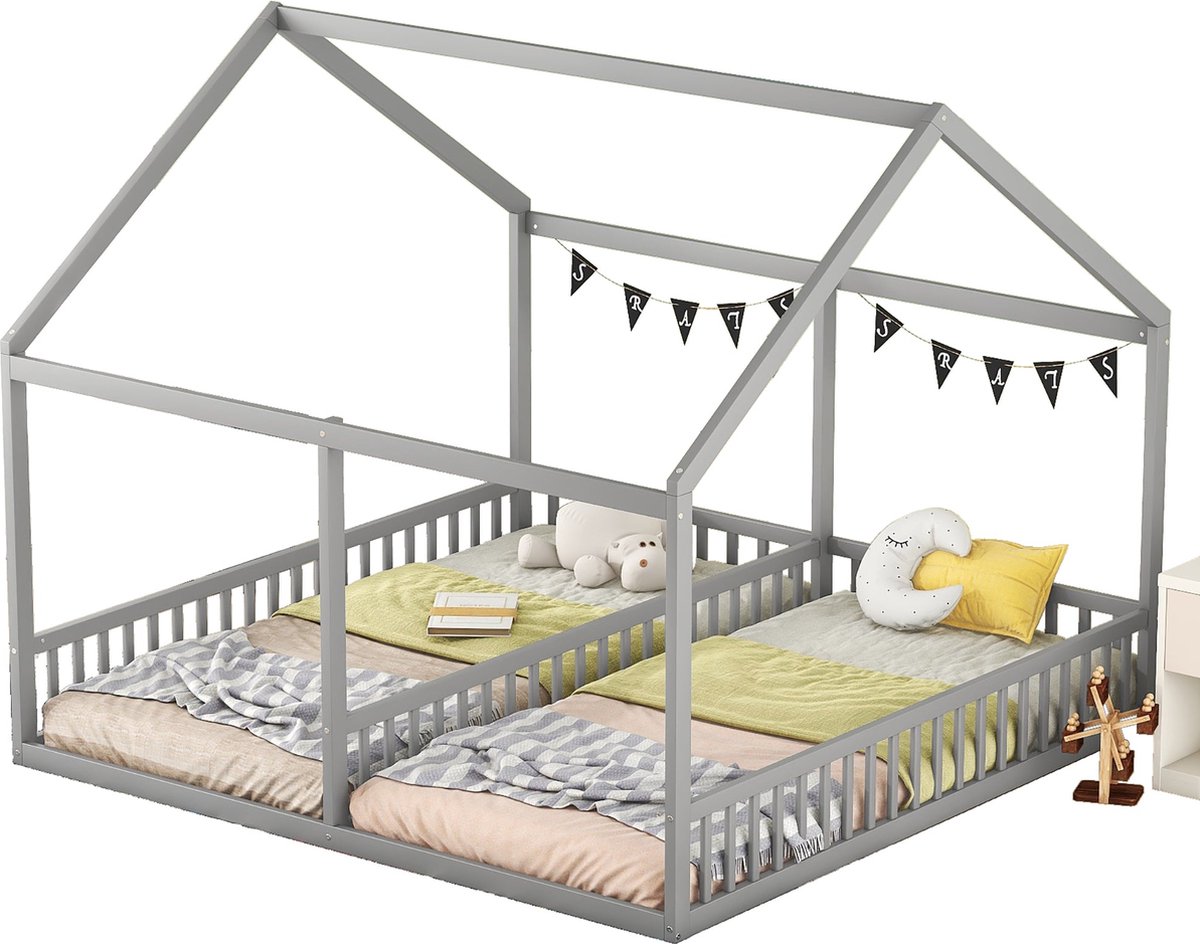 Merax Kinderbed 90x200 - 2-in-1 Eenpersoonsbedden met Veiligheidshekken - Grijs