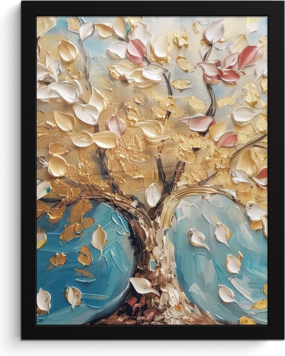 FrameYourWall Poster in lijst - Fotolijst 30x40 cm - Posters - Boom - Blauw - Goud - Abstract - Modern - Posterlijst zwart - Decoratie - Wanddecoratie woonkamer - Muurdecoratie slaapkamer Blauw - Goud - Wit
