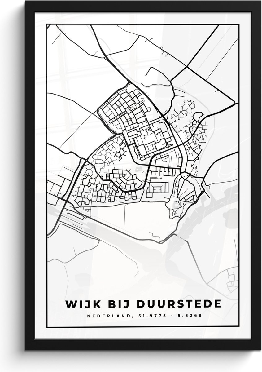 Poster in lijst - Fotolijst 40x60 cm - Posters - Kaart - Wijk bij Duurstede - Zwart - Wit - Posterlijst zwart - Decoratie - Wanddecoratie woonkamer - Muurdecoratie slaapkamer