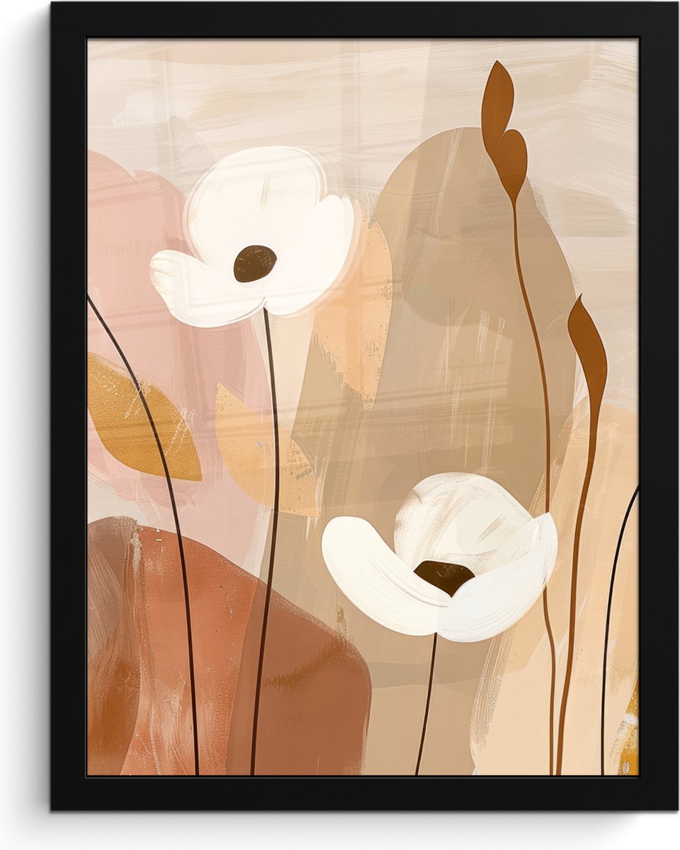 FrameYourWall Poster in lijst - Fotolijst 30x40 cm - Posters - Bloemen - Abstract - Beige - Line art - Posterlijst zwart - Decoratie - Wanddecoratie woonkamer - Muurdecoratie slaapkamer