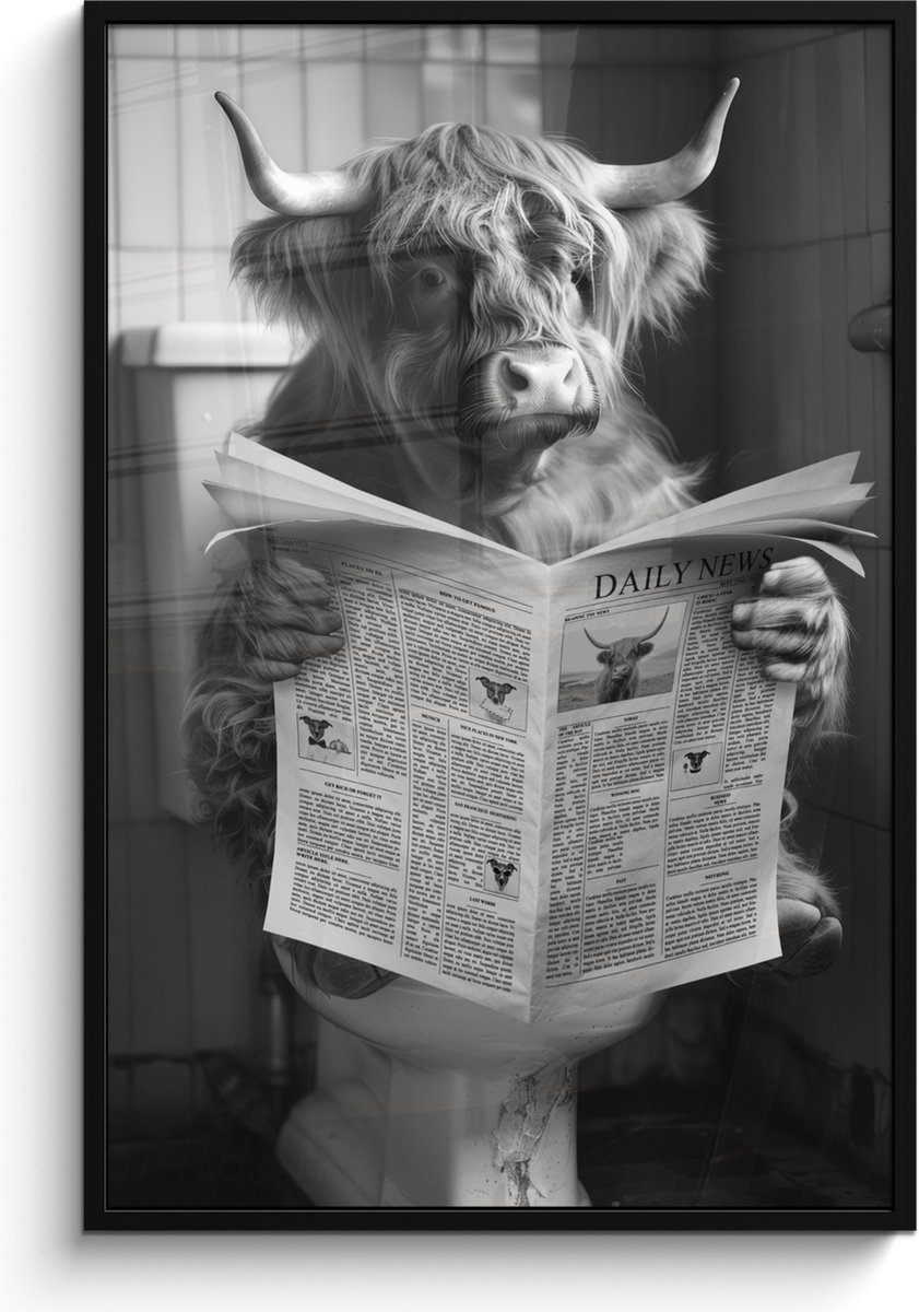 FrameYourWall Poster in lijst - Fotolijst 80x120 cm - Posters - Schotse hooglander - Koe - Krant - WC - Zwart wit - Posterlijst zwart - Wanddecoratie badkamer - Muurdecoratie WC - Decoratieve accessoires - Toilet muur decoratie Schotse hooglander - WC