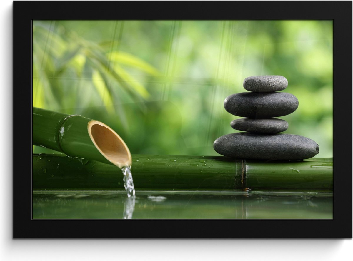 FrameYourWall Poster in lijst - Fotolijst 30x20 cm - Posters - Zen - Stenen - Groen - Natuur - Bamboe - Posterlijst zwart - Wanddecoratie badkamer - Muurdecoratie WC - Decoratieve accessoires - Toilet muur decoratie