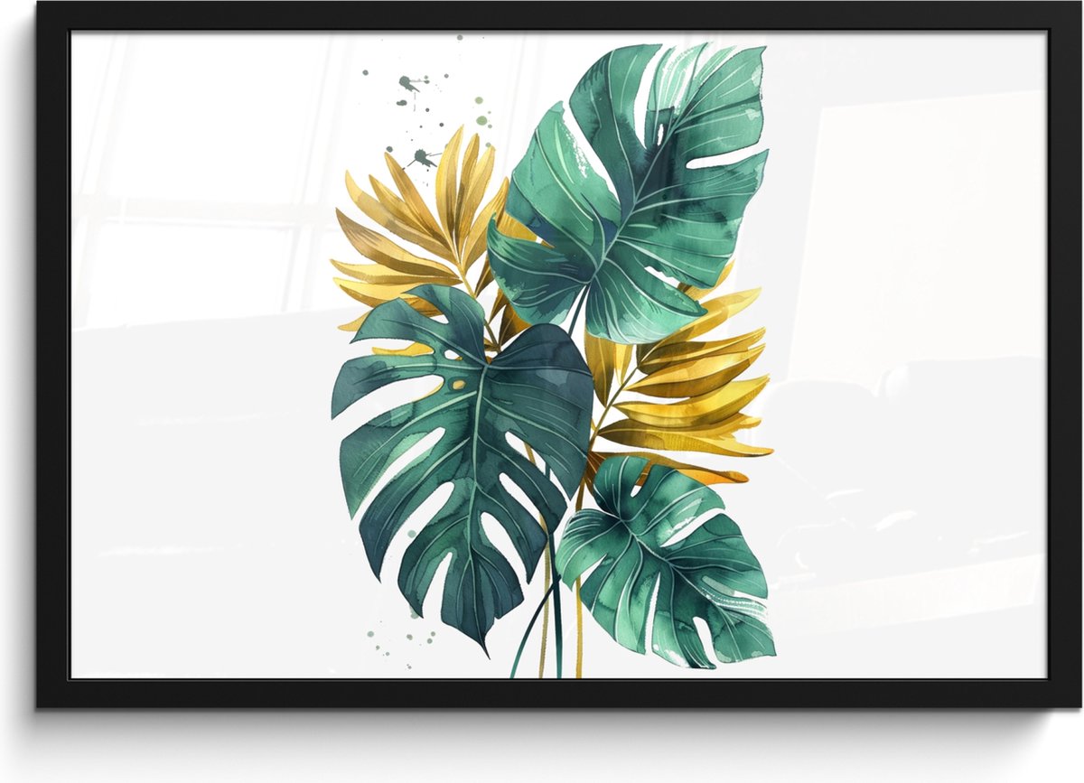 Poster in lijst - Fotolijst 60x40 cm - Posters - Bladeren - Monstera - Groen - Goud - Mode
