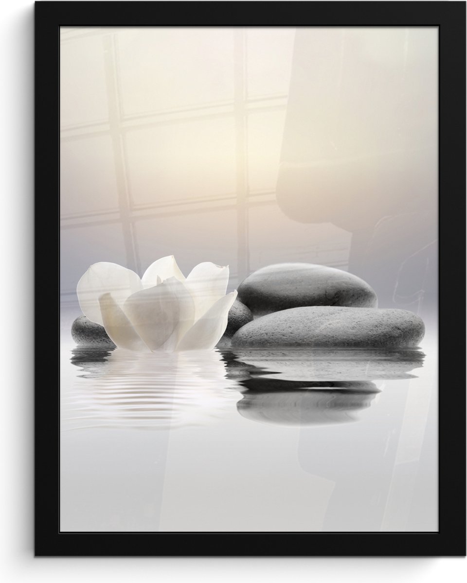 FrameYourWall Poster in lijst - Fotolijst 30x40 cm - Posters - Stenen - Lotus - Wit - Water - Zen - Posterlijst zwart - Wanddecoratie badkamer - Muurdecoratie WC - Decoratieve accessoires - Toilet muur decoratie Stenen - Bloem
