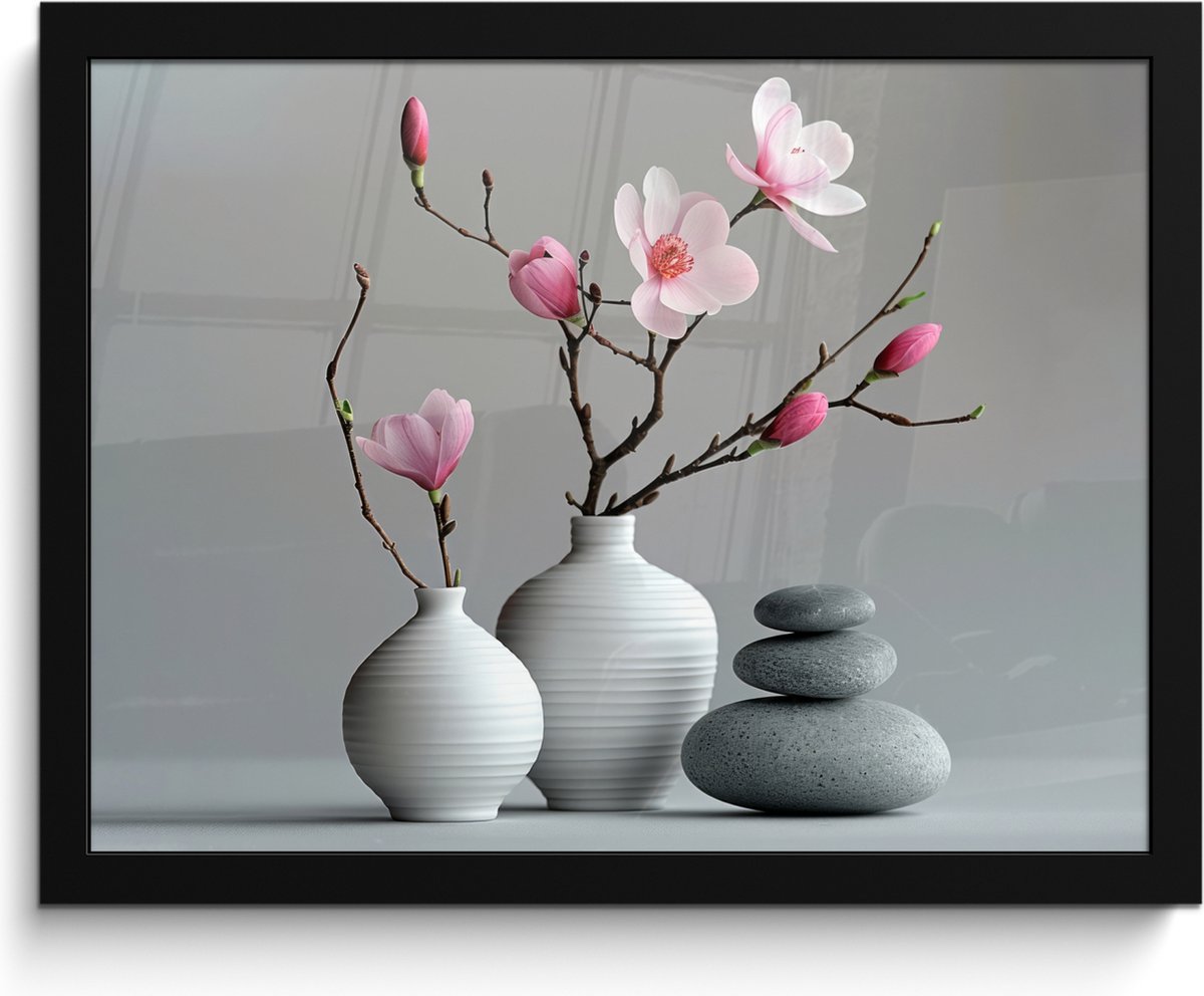 FrameYourWall Poster in lijst - Fotolijst 40x30 cm - Posters - Magnolia - Bloemen - Roze - Zen stenen - Posterlijst zwart - Wanddecoratie badkamer - Muurdecoratie WC - Decoratieve accessoires - Toilet muur decoratie Bloemen - Vaas