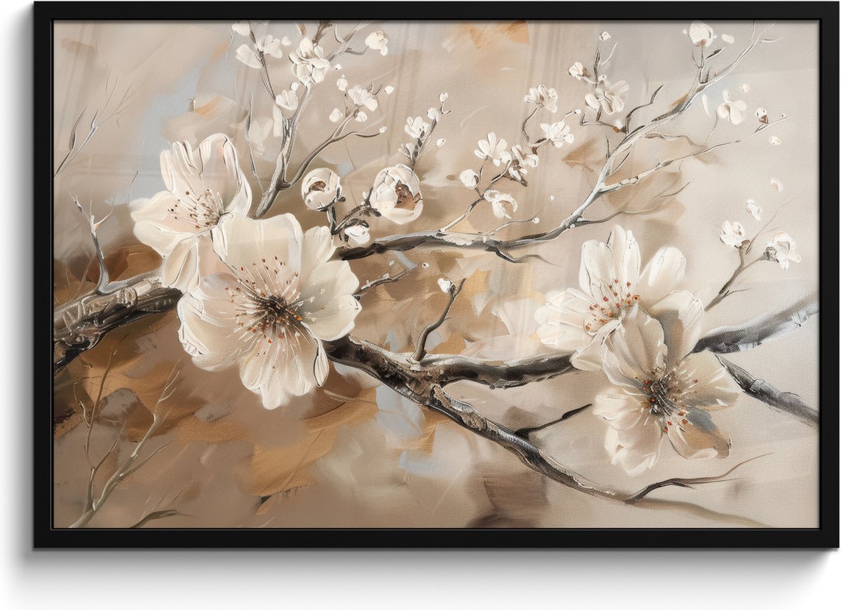 FrameYourWall Poster in lijst - Fotolijst 90x60 cm - Posters - Bloemen - Natuur - Wit - Bloesem - Abstract - Posterlijst zwart - Decoratie - Wanddecoratie woonkamer - Muurdecoratie slaapkamer