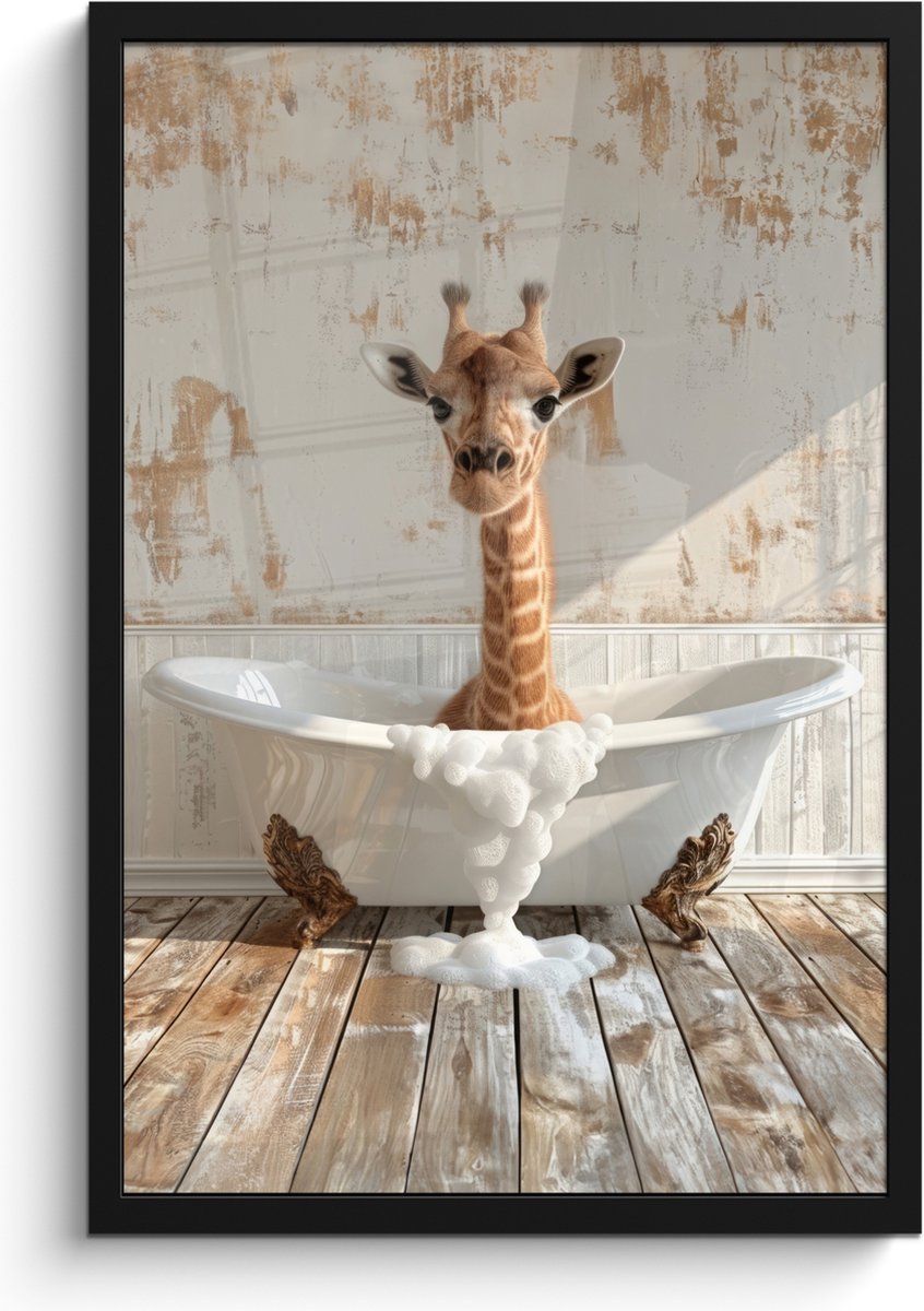 FrameYourWall Poster in lijst - Fotolijst 40x60 cm - Posters - Giraf - Badkuip - Vintage - Dieren - Posterlijst zwart - Wanddecoratie badkamer - Muurdecoratie WC - Decoratieve accessoires - Toilet muur decoratie