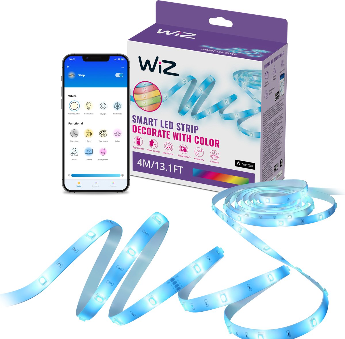 WiZ RGB LED strip - 4 meter - Makkelijke installatie - 16 Miljoen kleuren - Muzieksynchronisatie - RGB; één kleur tegelijk — afbeelding 1