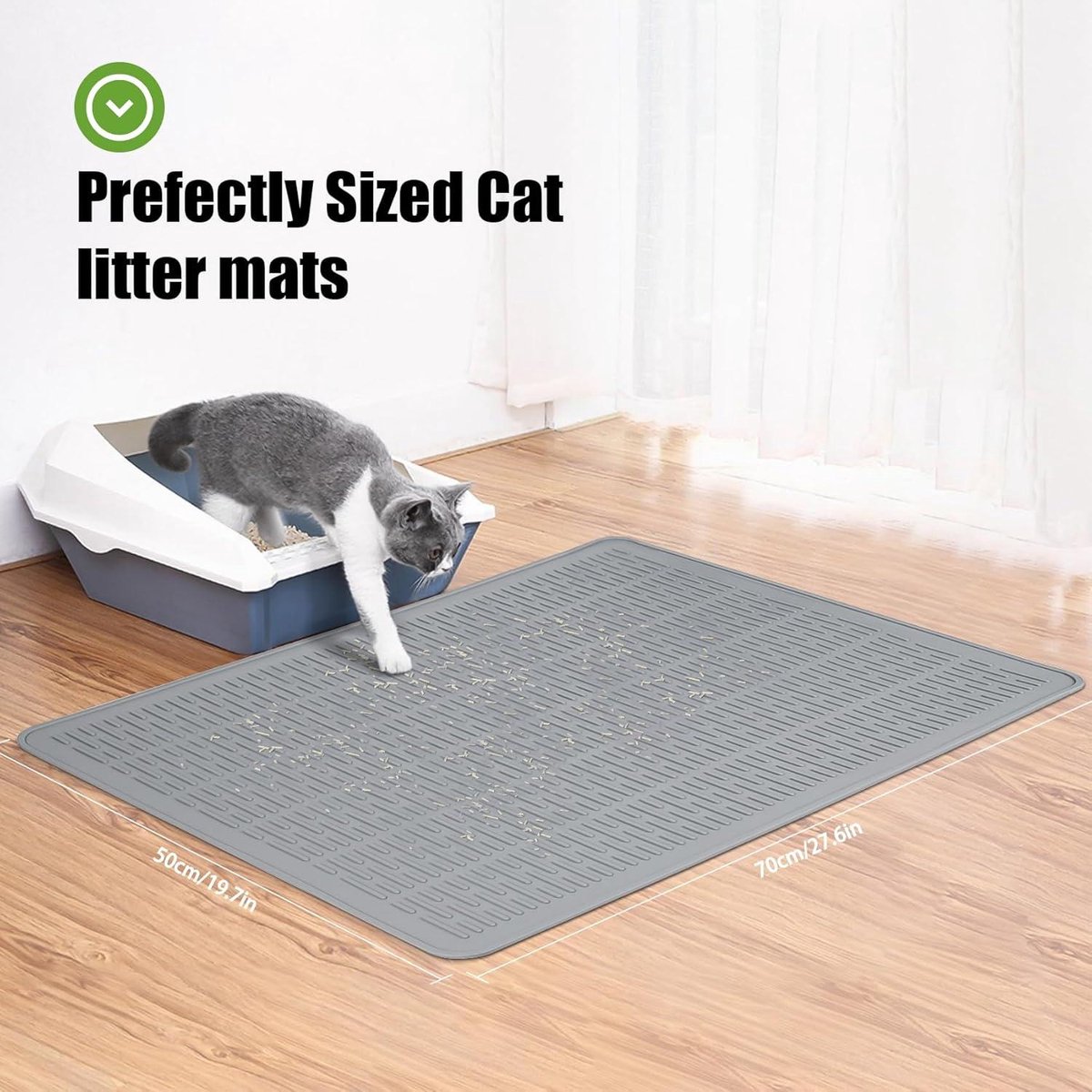 Kattenbakmat, 70 x 50 cm, siliconen kattenbakmat, laag antislip, waterdicht, laag kattenbakmat, gemakkelijk te reinigen, antislip kattenbakmat voor strooicontrole (zwart