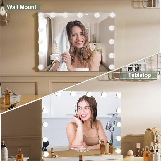 VEVOR Hollywood Make-upspiegel met verlichting, dimbare gloeilampen en 3 kleurverlichtingsmodi, met afneembare 5-voudige vergroting, USB-aansluiting, type C, intelligente touch-bediening, 800 x 138 x