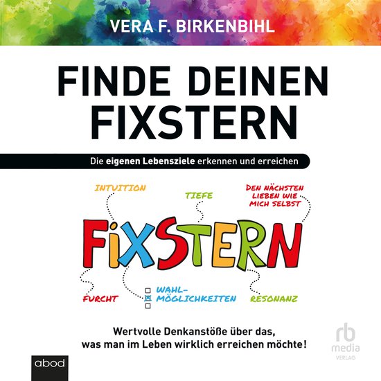Boekomslag met de titel 'Finde deinen Fixstern' en de subtitel 'Die eigenen Lebensziele erkennen und erreichen'. De titel is groot en in blokletters, met de woorden 'FIXSTERN' in verschillende kleuren. Rondom de titel staan woorden als 'INTUITION', 'TIEFE', 'FURCHT', 'WAHL-MÖGLICHKEITEN', 'RESONANZ' en 'DEN NÄCHSTEN LIEBEN WIE MICH SELBST'. De achtergrond is een aquarel in groen, geel en blauw. Onderaan staat de tekst 'Wertvolle Denkanstöße über das, was man im Leben wirklich erreichen möchte!'.