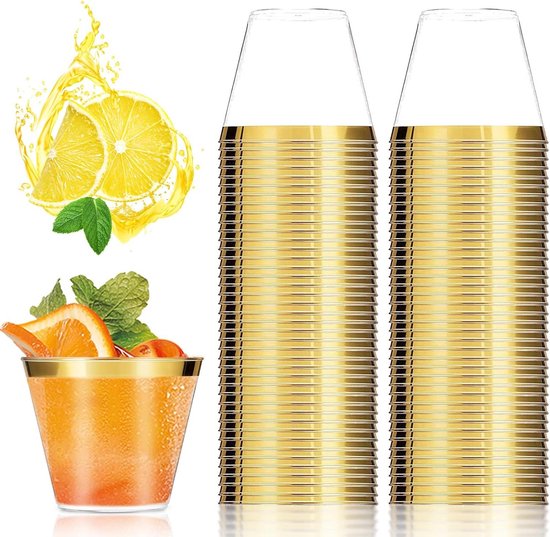 AUTOWNLUX Harde plastic beker met gouden rand, kunststof feestbeker, herbruikbare transparante drinkbeker voor feest, bruiloft, verjaardag (360 milliliter