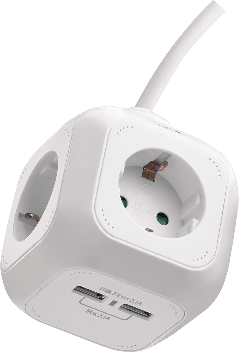Stekkerblok met USB en aanraakbeveiliging - 4 Schuko stopcontacten en 1,9 m kabel