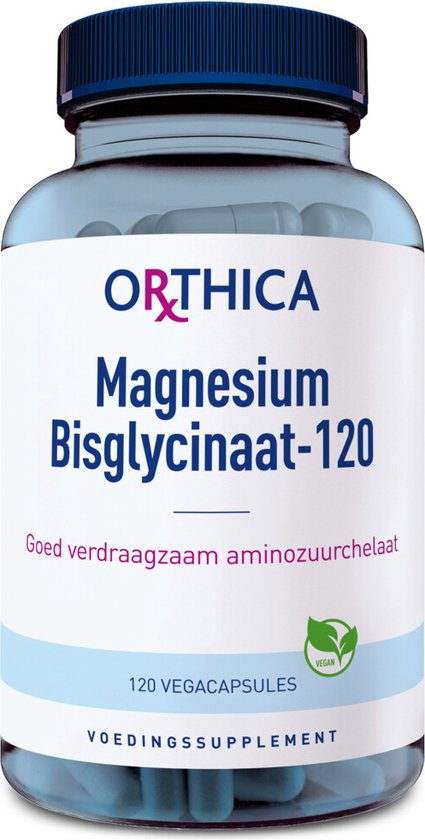 Fles Orthica Magnesium Bisglycinaat-120 met 120 vega capsules. Op het etiket staat 'Goed verdraagzaam aminozuurchelaat' en 'Vegan'.