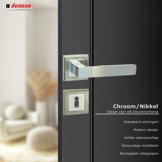 Poignée De Porte DOMINO TIPO-R M9 - Aluminium Nickel, Pour Porte De Chambre - Kit Complet Avec Rosaces Et Carré 8mm