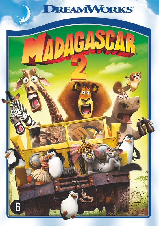 De DVD-cover van Madagascar 2 toont de dieren Alex de leeuw, Marty de zebra, Gloria het nijlpaard, Melman de giraf en de pinguïns.