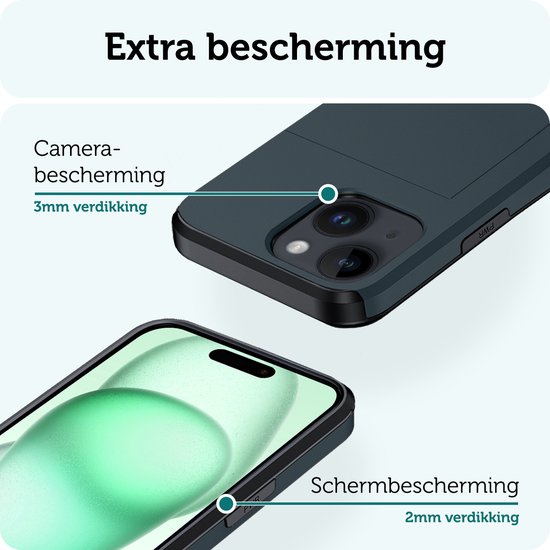 Hoesje Geschikt voor iPhone 15 Plus Pashouder Hard Case Hoes Met 2x Screenprotector - Hoes Geschikt voor iPhone 15 Plus Hoesje Back Cover Met Pasjeshouder - Donkerblauw