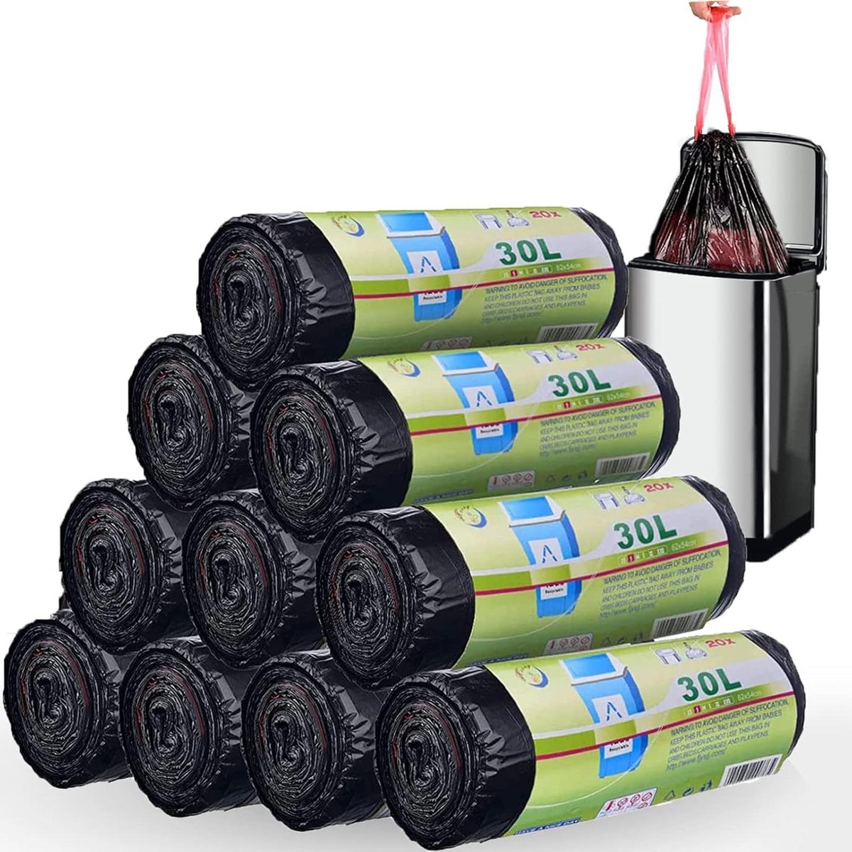 Goedkoopste 30 liter vuilniszakken met handgrepen - afvalzakken - schuifband - recyclebaar - duurzaam - lekvrij - rechthoekig - grote maat - 64 x 54 cm - zwart - 200 stuks
