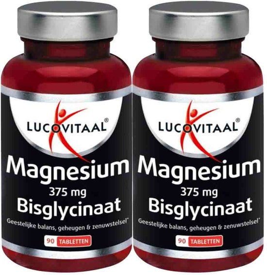 Twee rode potten Lucovitaal Magnesium Bisglycinaat 375 mg, 90 tabletten per stuk.