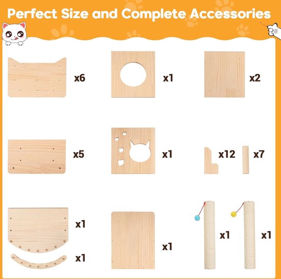 Kattenklimwandset met kattenboom, hangmat, kattenmand, muur, kattenbrug, krabplank en krabpaal - 4-delig houten kattenmeubel voor katten Catwalk (rookgrijs
