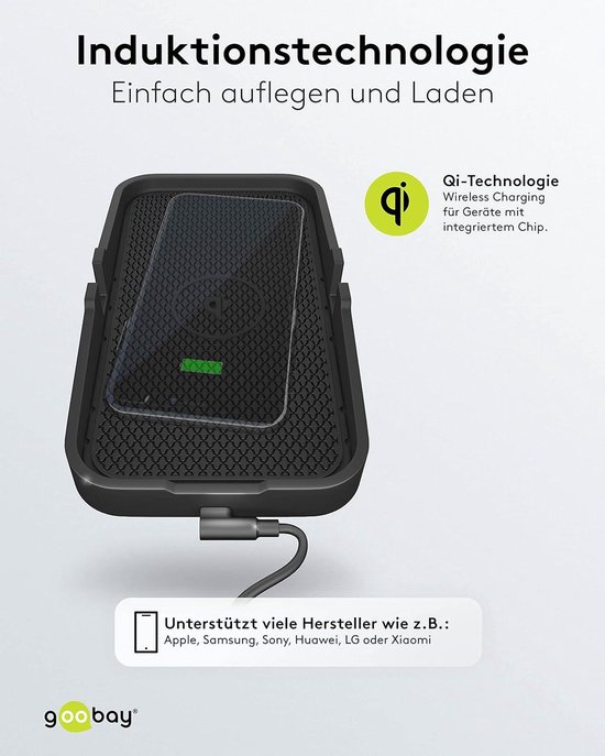 GooBay Qi inductielader met smartphone erop. Ondersteunt merken als Apple, Samsung, Huawei, LG of Xiaomi.