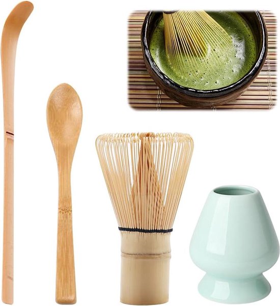 Set Matcha Complet - Fouet Bambou, Cuillère Et Porte-Fouet Céramique - Cérémonie Du Thé Traditionnel - Vert Clair