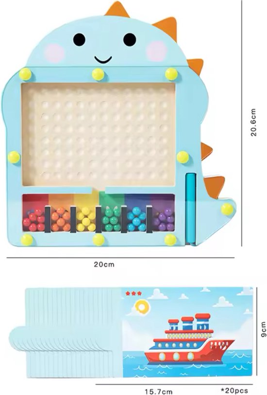Dino Houten Kralen Puzzel Speel - Montessori Educatief Sorteer Speelgoed - Busy Board - Vanaf 3 jaar - Fijne Motoriek - Interactief - Kleuren Leren Peuters - Magnetisch Tekenbord Balletjes - Kerstcadeau - Sinterklaas Cadeautjes