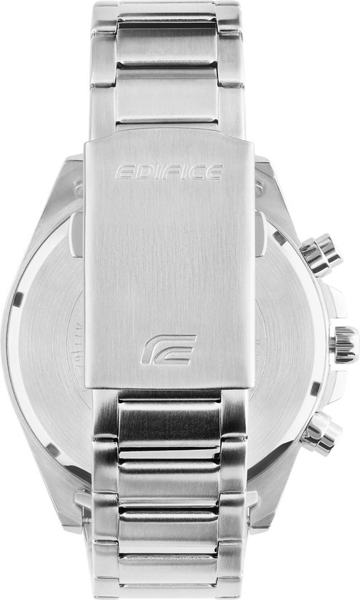 Zilverkleurig Edifice horloge met gesp en Edifice logo.