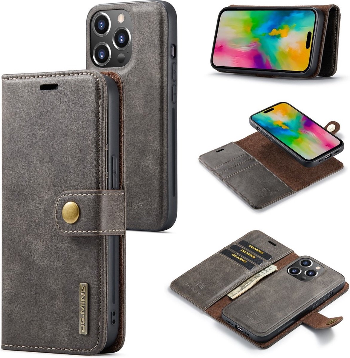 DG.MING Hoesje - Geschikt voor iPhone 16 Pro Max Hoesje - DG.MING 2-in-1 Book Case & Back Cover - Grijs