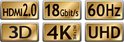 Gouden logo's: HDMI 2.0, 18 Gbit/s, 60Hz, 3D, 4K UHD 3840x2160.