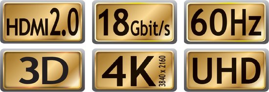 Gouden logo's: HDMI 2.0, 18 Gbit/s, 60Hz, 3D, 4K UHD 3840x2160.