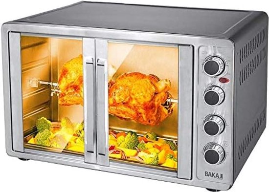 Bakaji Elektrische oven met circulatielucht, 55 l, vermogen 2200 W, met dubbele binnendeur, 4 kookstanden, instelbare temperatuur, timer met draaispit en accessoires