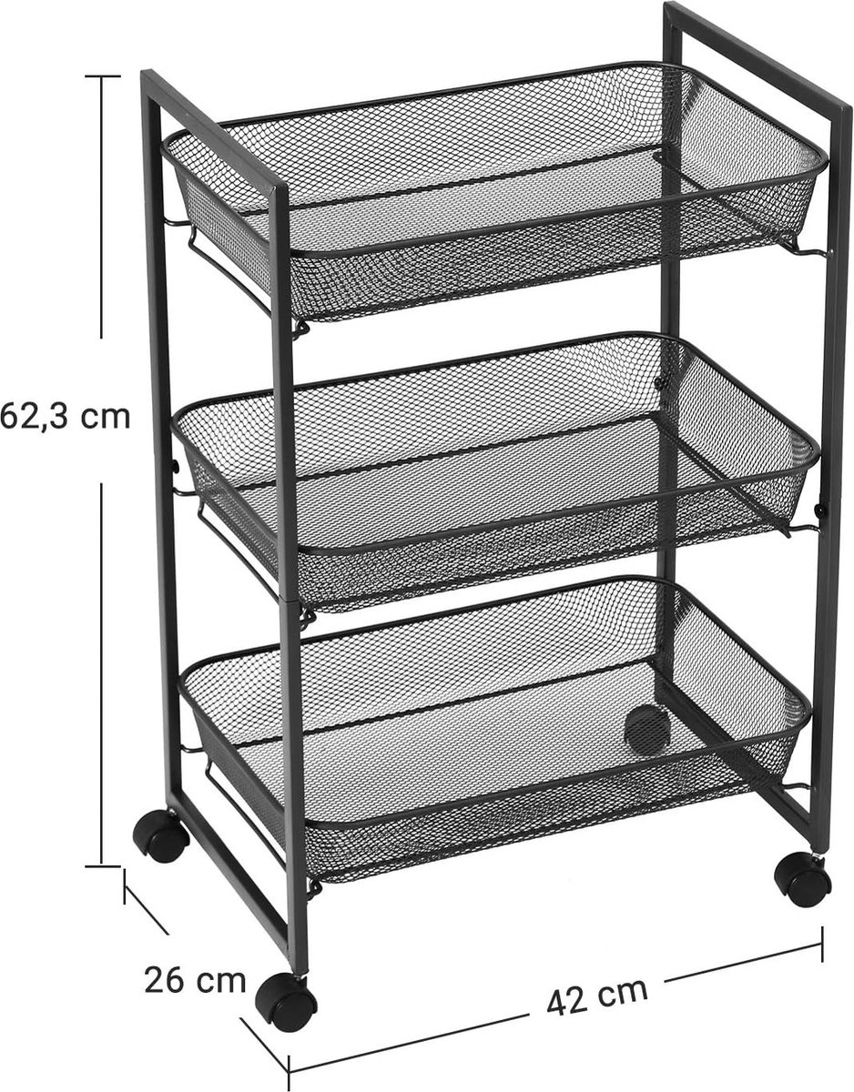 MIRA Home - Keukentrolley - Serveerwagen - Keukenrek - Trolley - 3 lagen - Wielen - Metaal - Grijs - 42x26x62