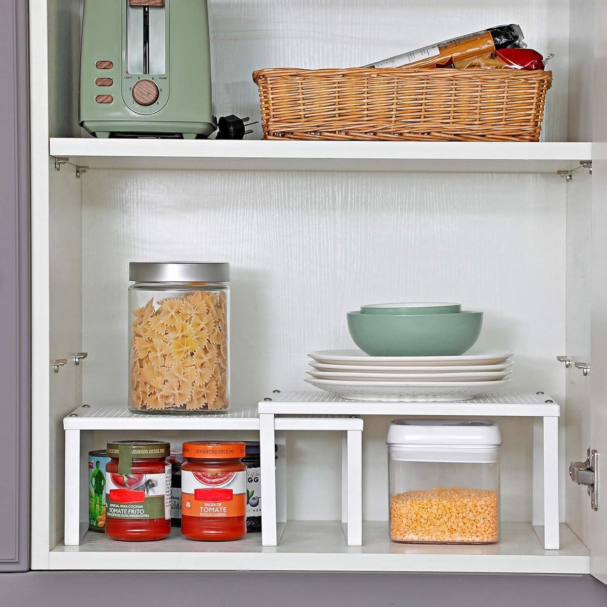 Keuken Organisator Planken Kast Opbergers Stapelbaar Uitbreidbaar - Set van 2 - Metalen Keuken Planken - Wit - KCS01WT — cadeau in Cadeau-ideeën - foto 4